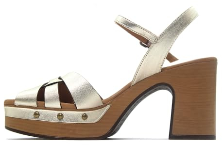 Pedro Miralles WEEKEND by Sandalen mit breitem Absatz, Höhe 10 cm, Leder, Knöchelschnalle, Plattform 4,5 cm, Gelsohle, glatt, Riemen für: Damen, Platin-Metall, 36 EU