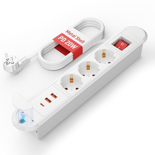 Prise Encastrable Plan de Travail USB C PD20W, Prise Encastrable de Table avec 2 USB-A, Bloc Prise Encastrable avec Interrupteur, Câble 2m, Prise de Table, Multiprise pour Meuble, Blanc