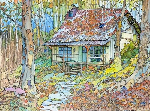 RZHRHJES Wandbild Verlassenes Holzhaus im Wald, Aquarell und Tinte, 58 x 90 cm, ohne Rahmen, Leinwandbild