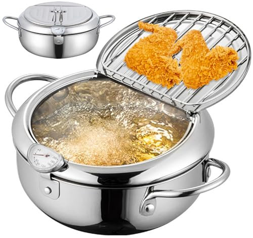 Fryer Deep 4.2 L Stainless Steel Japanese Tempura Frying Pot With Temperature Control & Oil Drip Drainer Rack 11'' Small Fry With Handles for Fish
