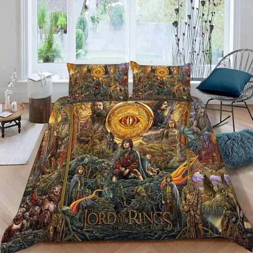 LORDOS Bettwäsche 135x200 3teilig - Der Herr der Ringe 3er Set Bettbezug mit 2 Kissenbezüge 80x80 cm, Bettwäsche Set Mikrofaser für Einzelbett mit Reißverschluss