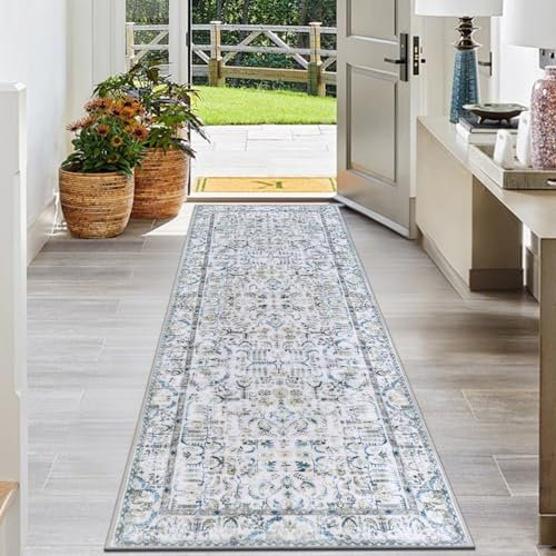 SHACOS Vintage Teppich Läufer Flur 60x180 cm, rutschfest, Flurläufer Waschbar, Weich, Küchenteppich, Teppichläufer für Flur, Eingang, Schlafzimmer, Grün