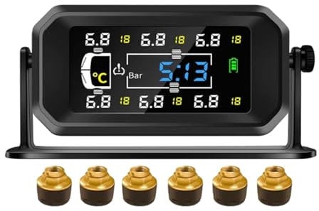 Tyre Pressure Monitoring System, TPMS 6 Wheel, 8/15 BAR, 116/217 PSI Max, Tyre Pressure Monitor with 6 Tire Pressure Sensors, Vertical/Hanging Mountable, Solar & USB Charging (0-15 BAR (217 PSI))