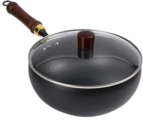 Genérico Cooking Wok, Hand-Forged Uncoated Heat-Resistant and Versatile Pan with Lid for Indoor Cooking, Camping, Home, Kitchen, Restaurant Use, 9.45 inches, Iron+Wood+Glass