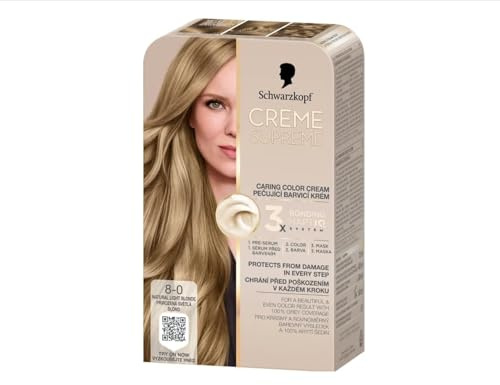 SCHWARZKOPF CREAM SUPREME 8-0 Natural Light Blonde, Hair dye that provides deep care, Protection against damage, Beautiful and even color result, 100% coverage of white hair, Pack of 1