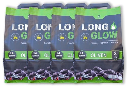 Long Glow® Grillbriketts 12 kg Oliven Premium Briketts - bis 4h Brenn- & Glutdauer - nachhaltige Grillkohle mit hoher Hitze für Grill, Smoker, Pizzaofen & Dutch Oven | 4 x 3 kg | Energie Kienbacher