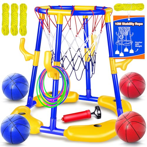 Set de canasta de baloncesto para piscina Doviden_Canasta de baloncesto flotante para piscina con 4 pelotas de agua, bomba y aros, juguete de piscina 2-en-1 para adultos, adolescentes/niños, juguete