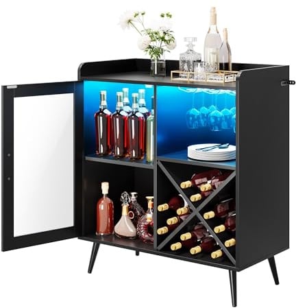 YITAHOME Small Bar Cabinet with LED Lights, Acrylic Door & Wine Rack, Coffee Bar with Cup Holders, Sideboard for Home Bar, Dining Room, Living Room, or Kitchen, Black