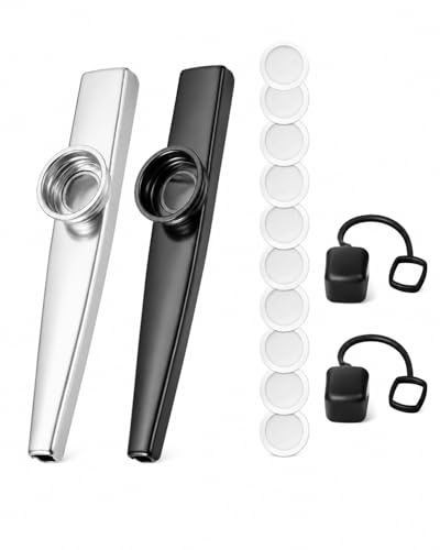 RAVNIX Kazoo Instrument, Lot de 2 Métal Noir & Argent avec 10 Membranes et 2 Capuchons Anti-Poussière, Kit Complet Idéal pour Débutants & Duos Musicaux