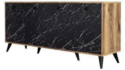 Deconation Console Meuble D entrée Bois Décor Noyer Et Marbre Noir - L180 X H80 X P45 Cm - Moderne