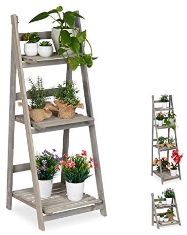 relaxdays Scaletta per Piante, a Livelli, Pieghevole, Scaffale con 3 Ripiani a Scala, HLP 108x41x40 cm, in Legno, Grigio