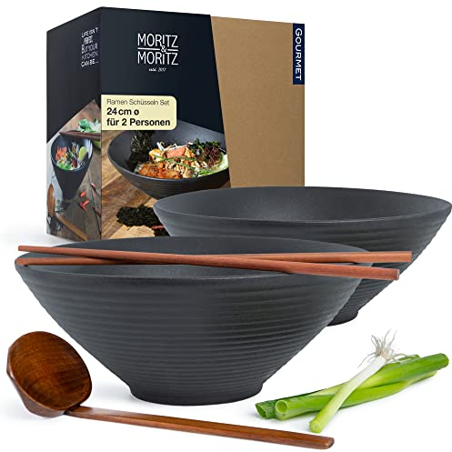 Moritz & Moritz 2x Ramen Schüssel Keramik - 800 bis 1300ml - 24 cm Ø - Schwarzes Ramen Bowl Set für 2 Personen - Für Suppe, Pho und Sushi Bowl - Inkl. Stäbchen und Löffel