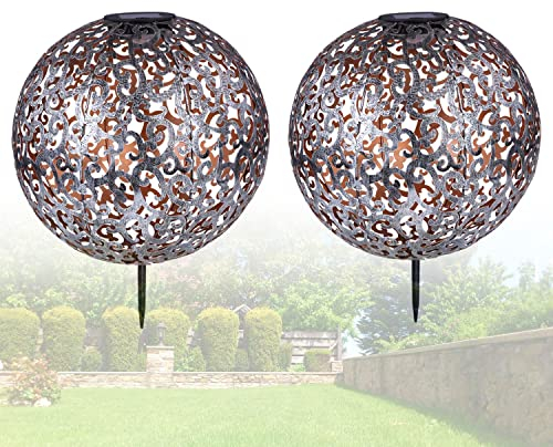 bmf-versand Solarlampe für Außen Stehend Kugel 2er Set – Solarleuchte Garten 28 cm – Außenleuchte Gartenlampe LED – Leuchte Solar Aussenlampe Metall Silberfarben Erdspieß