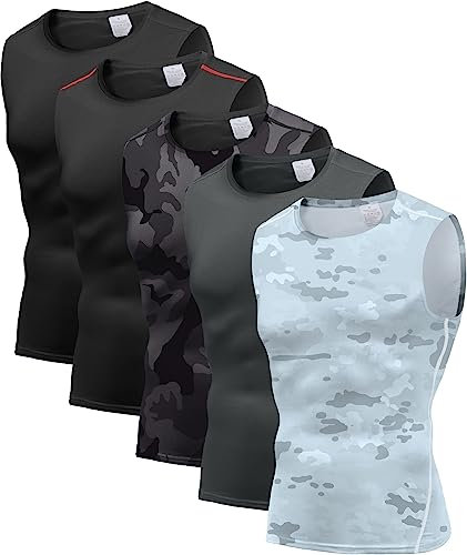Holure Herren 5er Pack Kompressionsshirt Tank Top Quick Dry Ärmelloses Muskel Shirt Funktionsshirt Schwarz/Schwarz-Rot Linie/Camo Schwarz01/Grau/Camo Weiß 04-XL