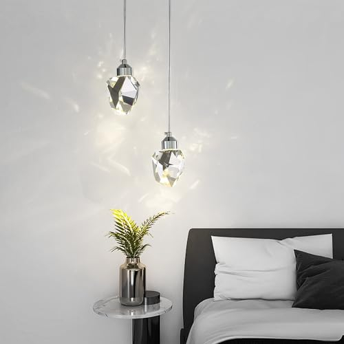 Moderne Kristall Pendelleuchte, 3-Farbige LED Kristall Pendelleuchte, Höhenverstellbare Silberne Decken Hängelampe, Für Kücheninsel Schlafzimmer Wohnzimmer Esszimmer (2-Köpfiger Runder Sockel)