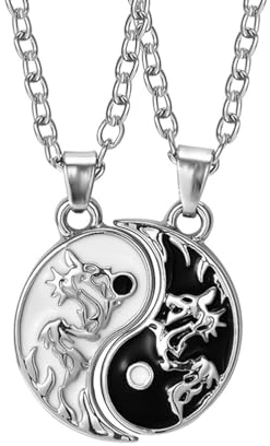 MiaLover 2 Stück Yin Yang Paar Halskette Taichi BFF Kette Freundschaftsketten Schwarzer und weißer Anhänger mit Drachenschnitzerei Schmuck Ketten für beste Freunde Liebhaber und Couple Geschenke