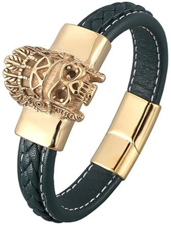 Wycian Männer Armband Vergoldet, Herren Armband Totenkopf-Lederarmband mit Magnetischer Schnalle 18.5CM Rostfreier Stahl für Männer Frauen