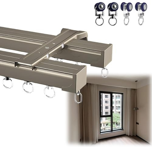 Gardinenschiene aus Aluminium Vorhangschienen, Gardienenschienenset, 2-läufig für Schiebevorhänge, Raumteiler Gardinenstange, Decken-Oder Wandmontage Gardinenstange, Deckenvorhangschiene (Color : Cha
