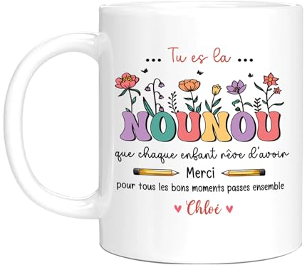 HALUMI Mug | Tasse à café personnalisée Cadeau pour nounou - Nounou Merci Pour Tout - personnaliser avec Nom d'enfant 440 ml
