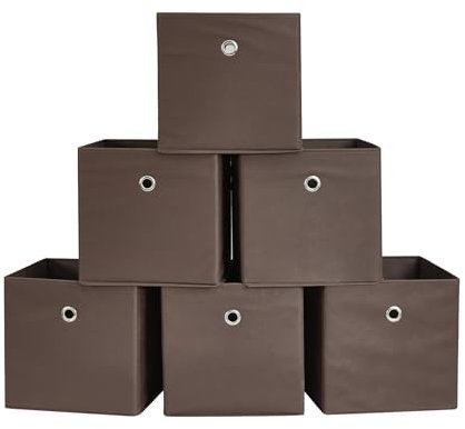 Webeasy Square Brown Canvas Fabric Storage Box, Pack of 6 Eyelet Cube Foldable Open Bins for Home Office Nursery Organisation,28X28X28(cm) Brown
