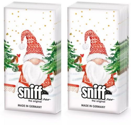 20 einzelne Taschentücher Weihnachten Winterzwerg im Schnee. 2 Packungen mit 10 einzelnen Papiertaschentücher bedruckt als Geschenk.