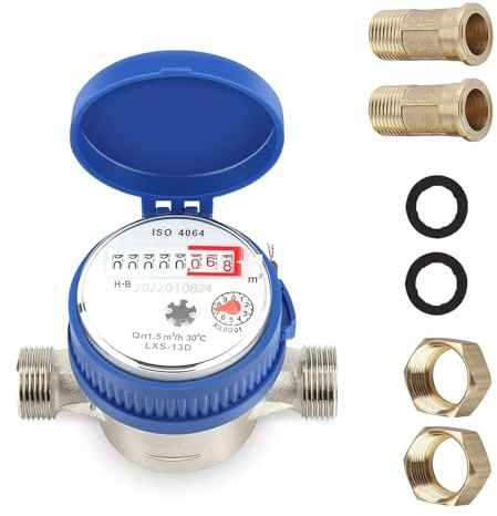 Mixyvic 15mm Wasserzähler 1/2 Zoll Anschluss Gartenwasserzähler Geeicht | Kaltwasserzähler Zapfhahnzähler Wasseruhr Zapfhahn Wasserzähler Set mit Armaturen Schutzhülle, für Haus Garten Hausgebrauch