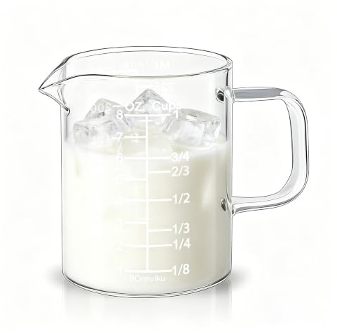BCnmviku Small Measuring Jug 250ml,V Spout Glass Measuring Cup for Baking | oz&cup clear markings for oil measuring,batter mixing,milk preparation,coffee extraction,daily liquid&dry ingredients