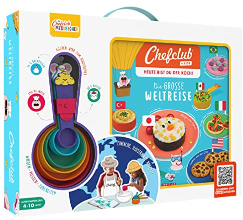 Chefclub Kids | Kochbuch-Set | Rezeptbuch Die große Weltreise mit original Chefclub Messbechern, Atlanten und Aufklebern | QR-Codes zu Videorezepten | ChefClub.TV | Kochen für Kinder | ab 4 Jahren