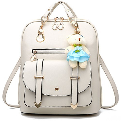 FiveloveTwo Damen Mädchen PU Leder Schultertasche Shopper Tragetaschen Umhängetasche Rucksackhandtaschen Rucksack Reise Taschen Mit Bär Ornamente Beige
