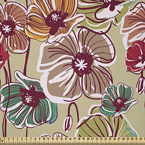 ABAKUHAUS Erdfarben Microfaser Stoff als Meterware, Bunte Mohnblumen, Deko Basteln Polsterstoff Textilien, 2M (230x200cm), Beige Braun Grün