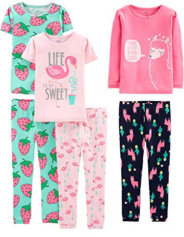 Simple Joys by Carter's Ensemble de Pyjama 6 Pièces en Coton, Coupe Ajustée Fille, Lot de 3, Bleu Marine/Rose Flamant Rose/Rosé Imprimé Lamas/Vert Strawberries, 6 Ans