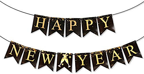 MEJOSER Silvester Girlande Neujahr Banner 2021 Happy New Year Deko Schwarz Gold für Party Dekorationen