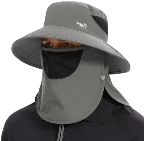 Bassdash Sonnenhut Fischerhut UPF 50+ Breiter Krempe Wanderhut mit abnehmbarem Gesichtsschutz und Nackenklappe Atmungsaktiver Unisex Wasserfester Angelnhut für Damen Herren
