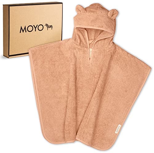 MOYO Baby Badeponcho Mit Bärenohren in Puder - Kinder Badetuch für 0-3 Jahre - Weicher Poncho Aus 100% Frottee-Baumwolle - Waschbares Kapuzenhandtuch 68x56cm