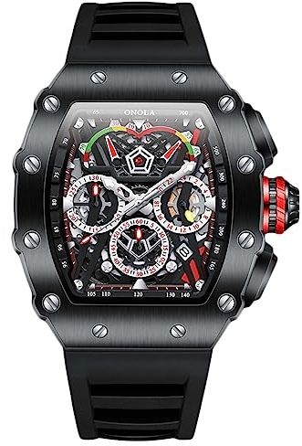 rorios Herren Tonneau Uhren Männer Analog Quarz Armbanduhren Multifunktional Chronograph Uhr Mode 50M wasserdichte Uhr mit Silikon Armband Schwarz