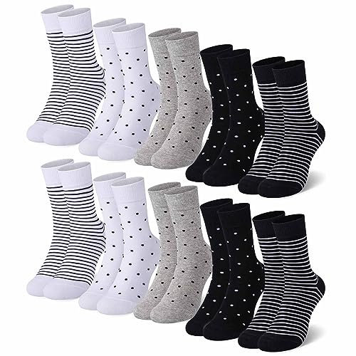 Falechay 10 Paar Socken Damen 39-42 35-38 Damensocken Mehrfarbig Mit Streifen Punkte Socken Baumwollsocken Sportsocken Schwarz,39-42