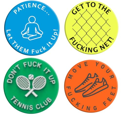 Tennis-Dämpfer, Tennisschläger-Dämpfer, Tennisschläger-Dämpfer, 4 Stück, inspirierender Slogan, lustiger Silikon-Tennis-Dämpfer, rund, tragbarer Tennis-Stoßdämpfer für Schläger, Tennis-Geschenk