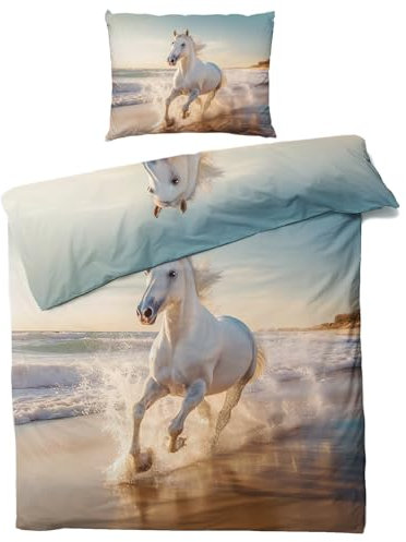 QEODAH Parure de Lit 140x200 Cheval - Housse de Couette 1 Personne Motif Cheval Blanc, Ensemble de Literie Imprimée en Microfibre Douce avec Fermeture éclair, 1 taie d'oreiller 65x65 cm