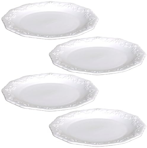 Cake Plates Set of 4 Vintage Style Baroque Embossed Porcelain Tableware Plate Set Dishwasher/Microwave Safe Afternoon Tea Side Plates Crockery Set with White Glazed Finish (DW55)