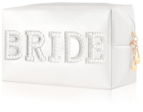 Piriuuo Make-up-Tasche, Bride Kosmetiktasche Perle Buchstaben Make up Tasche wasserdichte Make-up-Tasche Tragbare Reise Kosmetiktasche Schminktasche für Frauen Mädchen, Geschenke für Brautparty