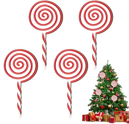 Mulbozy 4 Pcs Large Candy Cane Ornaments Big Candy Cane Ornaments for Christmas Tree, Wooden Large Lollipop Candy Ornaments, Peppermint Christmas Tree Hanging Decorations(12 Inch)
