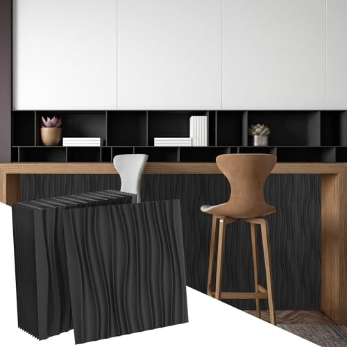 XMTECH 3D Wandpaneele 6m² Wandverkleidung Deckenpaneele Decke Deckenverkleidung Paneele Deckenplatten, Wanddeko Wandtattoos Wall Deko Panel 50x50 cm, Welle Schwarz