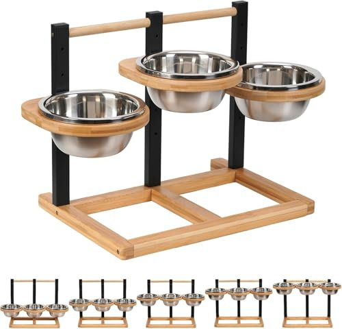 Optyuwah Gamelles surélevées pour Chien - 5 Niveaux réglables en Hauteur - avec 3 gamelles en Acier Inoxydable de 1400 ML et Support surélevé en Bois pour Chien - Gamelle pour