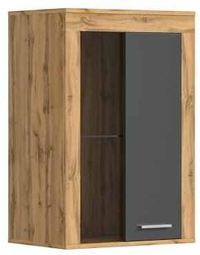 xonox.home Wohnzimmer Jam Vitrine Glasvitrine Dekoschrank Glas-Kommode Stauraumschrank Hängevitrine Standvitrine in Front grau Nb. Korpus/Absetzung Wotan Eiche Nb., ca.60x86x35 cm