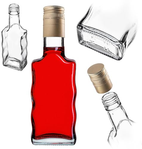 KADAX Botellas de cristal de 200 ml, 1 unidad, botellas vacías con tapón de rosca, pequeñas botellas de licor para rellenar, botellas de vino de cristal, botellas de licor (doradas, largas)
