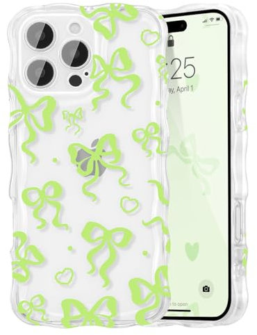 UEEBAI Bow Case for iPhone 14 Pro, Wavy Cute Ribbon Pretty Aesthetic Case Curly Stylish Soft Wave Clear Phone Shockproof Protective Pretty Cover for Women Girl - Green