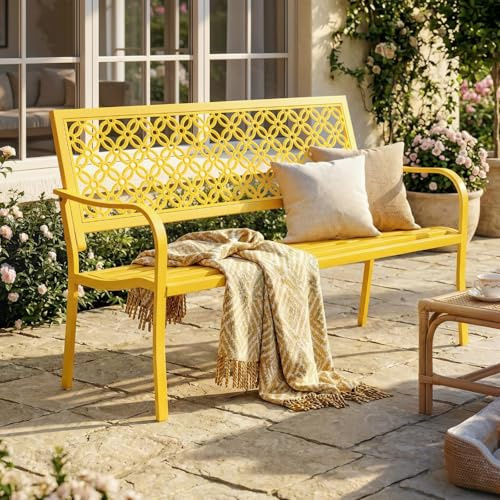 DriveMo Gartenbank aus Metall wetterfest, 2-3-Sitzer Outdoor Sitzbank Gelb | verzinkter Stahl, florale Rückenlehne, bis 318 kg belastbar, für Terrasse & Balkon, Retro Bank