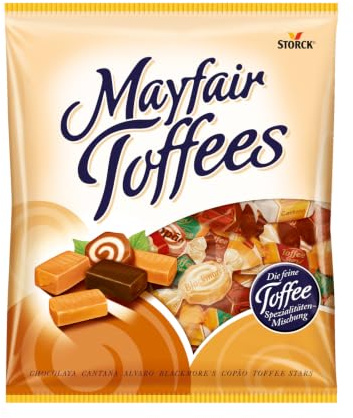 Mayfair Toffees, Karamell Toffee-Bonbon-Mischung - 1 x 490 g | Klassische sowie exotische Sorten in Karamell, Vanille, Banane & Minze, einzeln verpackte Süßigkeit, zum Teilen & Naschen