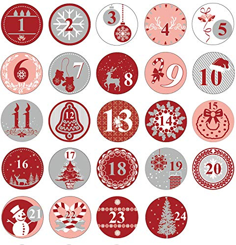 Oblique Unique® 24 Adventskalender Sticker Zahlen Aufkleber für Weihnachten zum Basteln und Verzieren - wählbar (Rot)