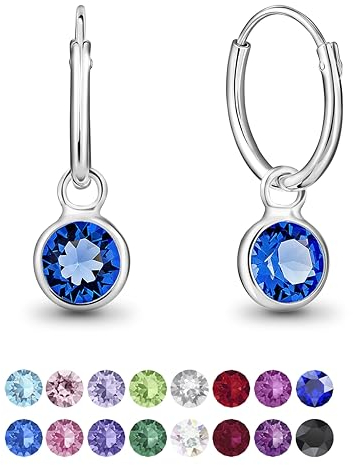 DTPsilver® KLEINE Creolen Ohrringe 925 Sterling Silber mit Swarovski® Elements Kristall Rund - Mädchen - Dicke 1.2 mm - Durchmesser 12 mm - Farbe : Blauer Saphir